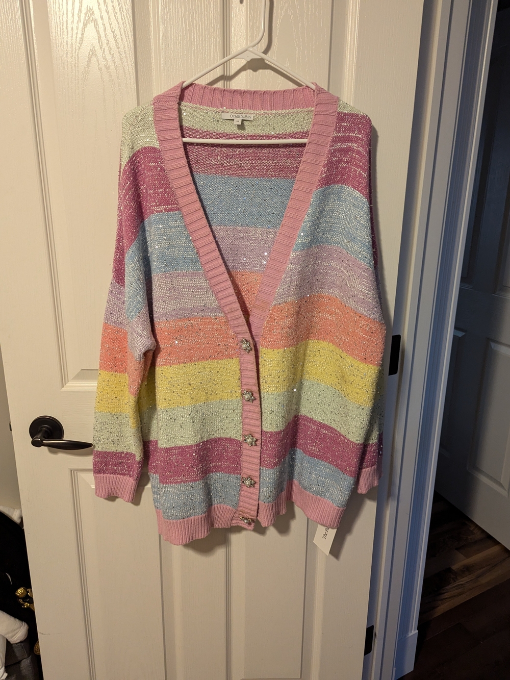 OLIVIA RUBIN Pastel Striped Sparkle Cardigan with Pink Trim
